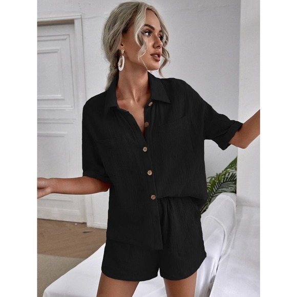 2 piece set: Breast Pocket Button Down Shirt & high waist Shorts coords tan - Picture 8 of 14